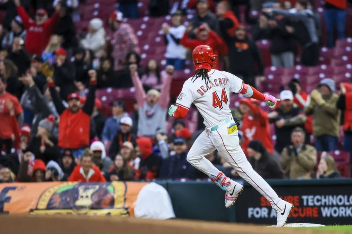 Mar 31, 2025; Cincinnati, Ohio, USA; Cincinnati Reds shortstop Elly De La Cruz (44) runs the bases after hitting a three-run home run in the second inning against the Texas Rangers at Great American Ball Park. Mandatory Credit: Katie Stratman-Imagn Images
