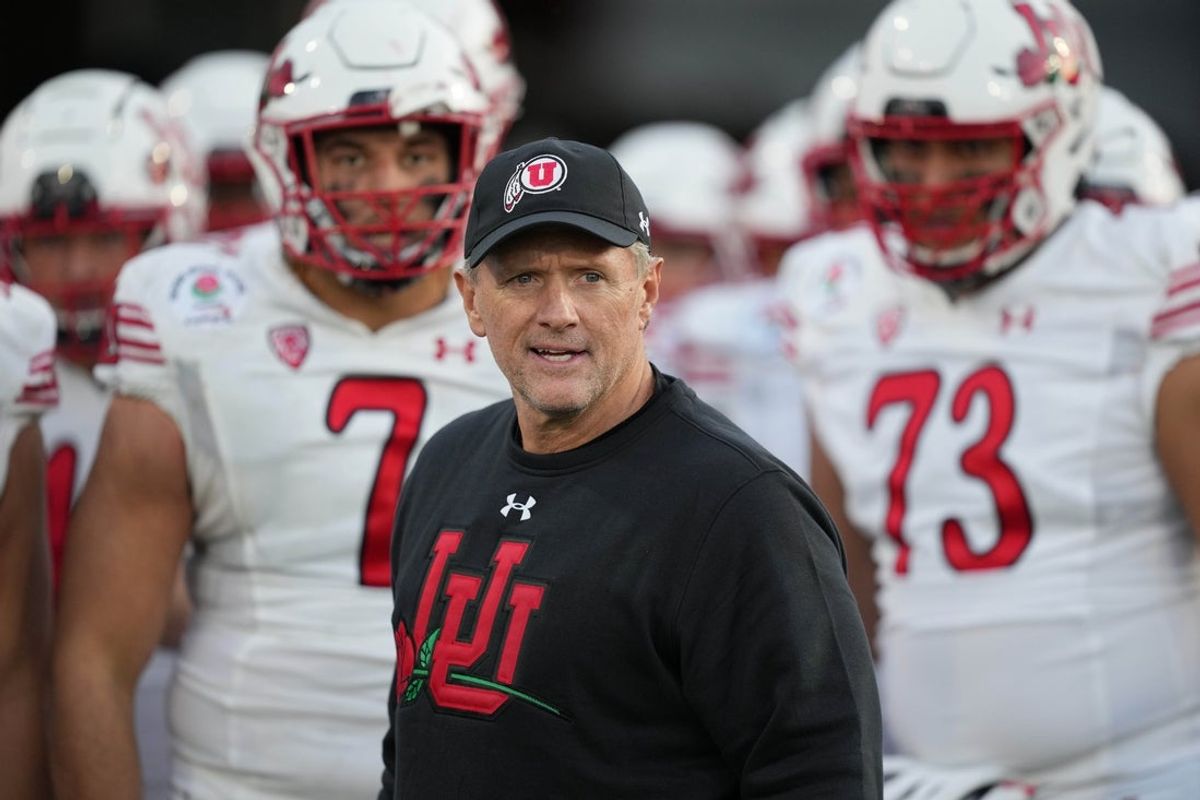 Jan 1, 2022; Pasadena, CA, USA; Utah Utes head coach Kyle Wittingham looks on in the third quarter against the Ohio State Buckeyes during the 2022 Rose Bowl college football game at the Rose Bowl. Mandatory Credit: Kirby Lee-Imagn Images