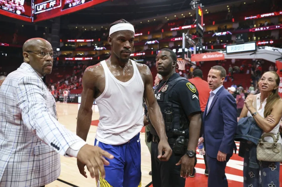 Apr 20, 2025; Houston, Texas, USA; Golden State Warriors forward Jimmy Butler III (10) walks off the court after the game against the Houston Rockets at Toyota Center. Mandatory Credit: Troy Taormina-Imagn Images