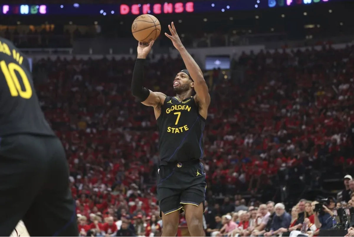 May 4, 2025; Houston, Texas, USA; Golden State Warriors guard Buddy Hield (7) shoots the ball and scores during the second quarter of game seven of the first round for the 2025 NBA Playoffs against the Houston Rockets at Toyota Center. Mandatory Credit: Troy Taormina-Imagn Images