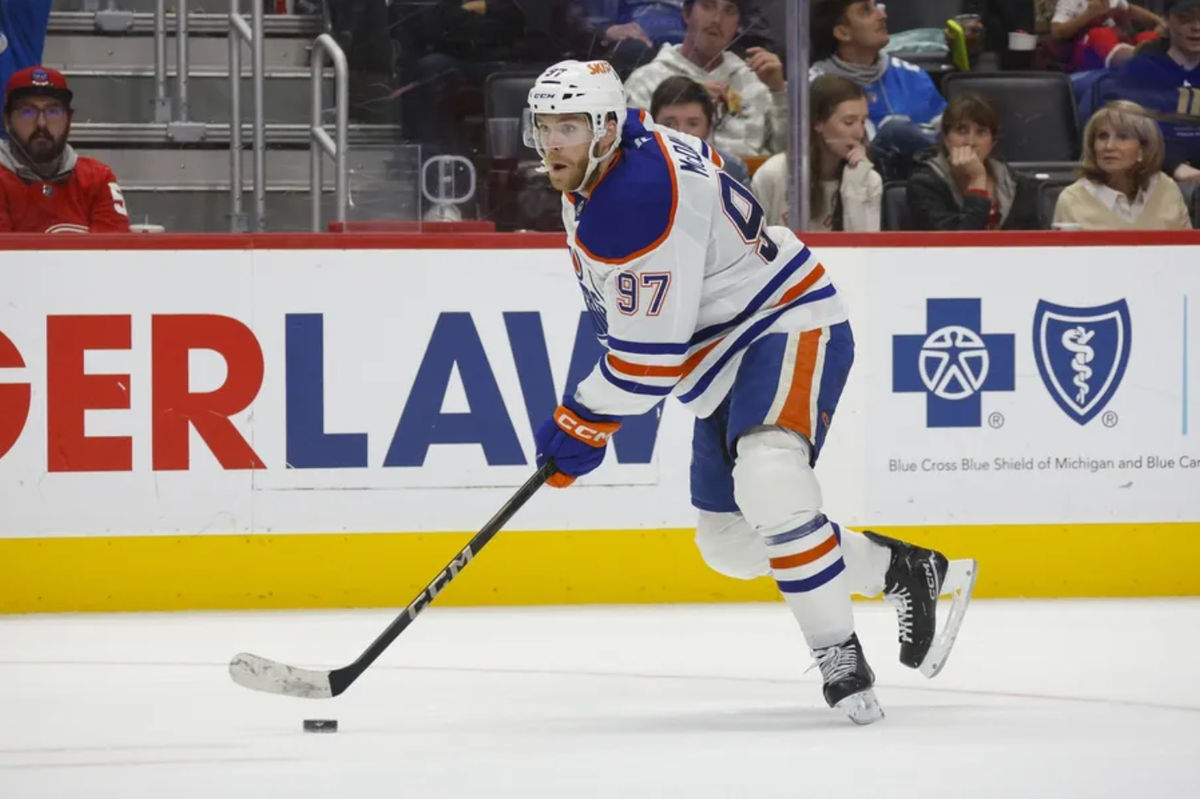 Oct 27, 2024; Detroit, Michigan, USA; Edmonton Oilers center Connor McDavid (97) handles the puck during the third period of the game against the Detroit Red Wings at Little Caesars Arena. Mandatory Credit: Brian Bradshaw Sevald-Imagn Images