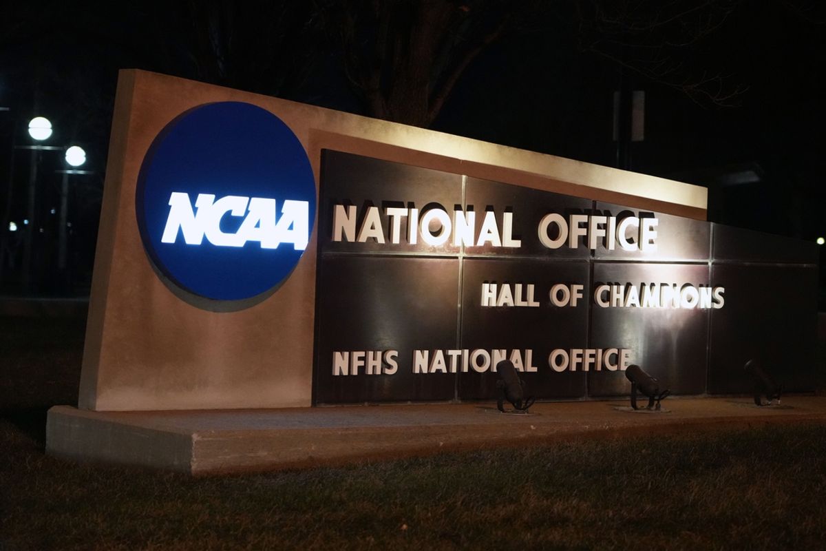 Jan 10, 2022; Indianapolis, Indiana, USA; A sign at the entrance to the NCAA Hall of Champions and national office. Mandatory Credit: Kirby Lee-Imagn Images