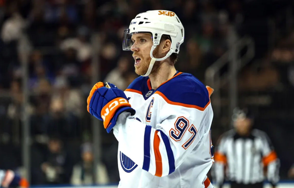 Mar 16, 2025; New York, New York, USA; Edmonton Oilers center Connor McDavid (97) skates against the New York Rangers during the second period at Madison Square Garden. Mandatory Credit: Danny Wild-Imagn Images