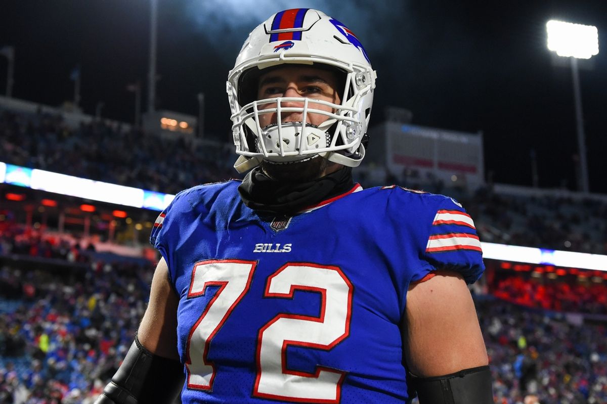 Jan 9, 2022; Orchard Park, New York, USA; Buffalo Bills offensive tackle Tommy Doyle (72) following the game against the New York Jets at Highmark Stadium. Mandatory Credit: Rich Barnes-Imagn Images