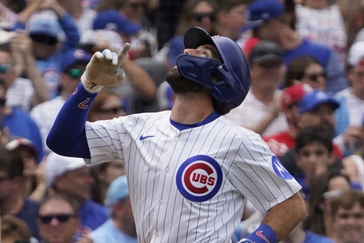 Jun 14, 2025; Chicago, Illinois, USA; Chicago Cubs shortstop Dansby Swanson (7) gestures after hitting a home run against the Pittsburgh Pirates during the sixth inning at Wrigley Field. Mandatory Credit: David Banks-Imagn Images
