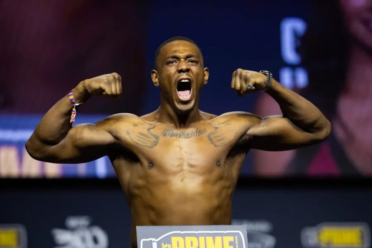 Apr 12, 2024; Las Vegas, Nevada, USA; UFC fighter Jamahal Hill during ceremonial weigh ins for UFC 300 at MGM Grand Garden Arena. credits: Mark J. Rebilas-USA TODAY Sports