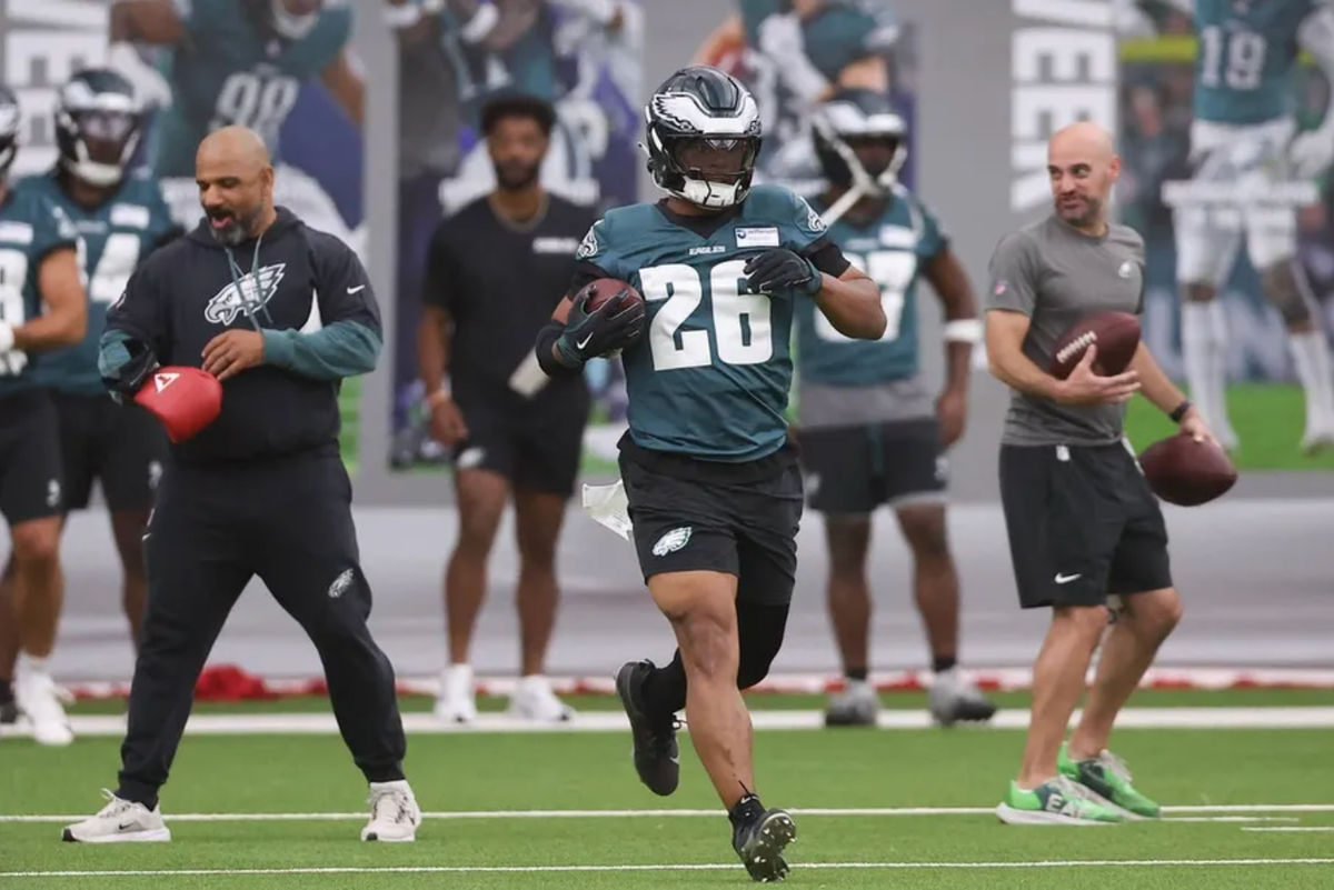 May 28, 2025; Philadelphia, PA, USA; Philadelphia Eagles running back Saquon Barkley (26) during OTAs at NovaCare Complex. Mandatory Credit: Bill Streicher-Imagn Images