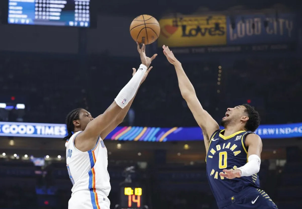 El alero del Thunder, Jalen Williams, y el base de los Pacers, Tyrese Haliburton, se han convertido en figuras clave del sexto partido de las Finales de la NBA. Crédito obligatorio: Alonzo Adams-Imagn Images.