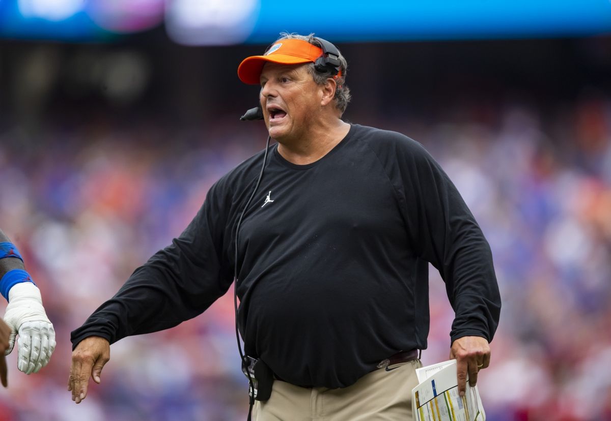 Sep 18, 2021; Gainesville, Florida, USA; Florida Gators defensive coordinator Todd Grantham against the Alabama Crimson Tide at Ben Hill Griffin Stadium. Mandatory Credit: Mark J. Rebilas-Imagn Images