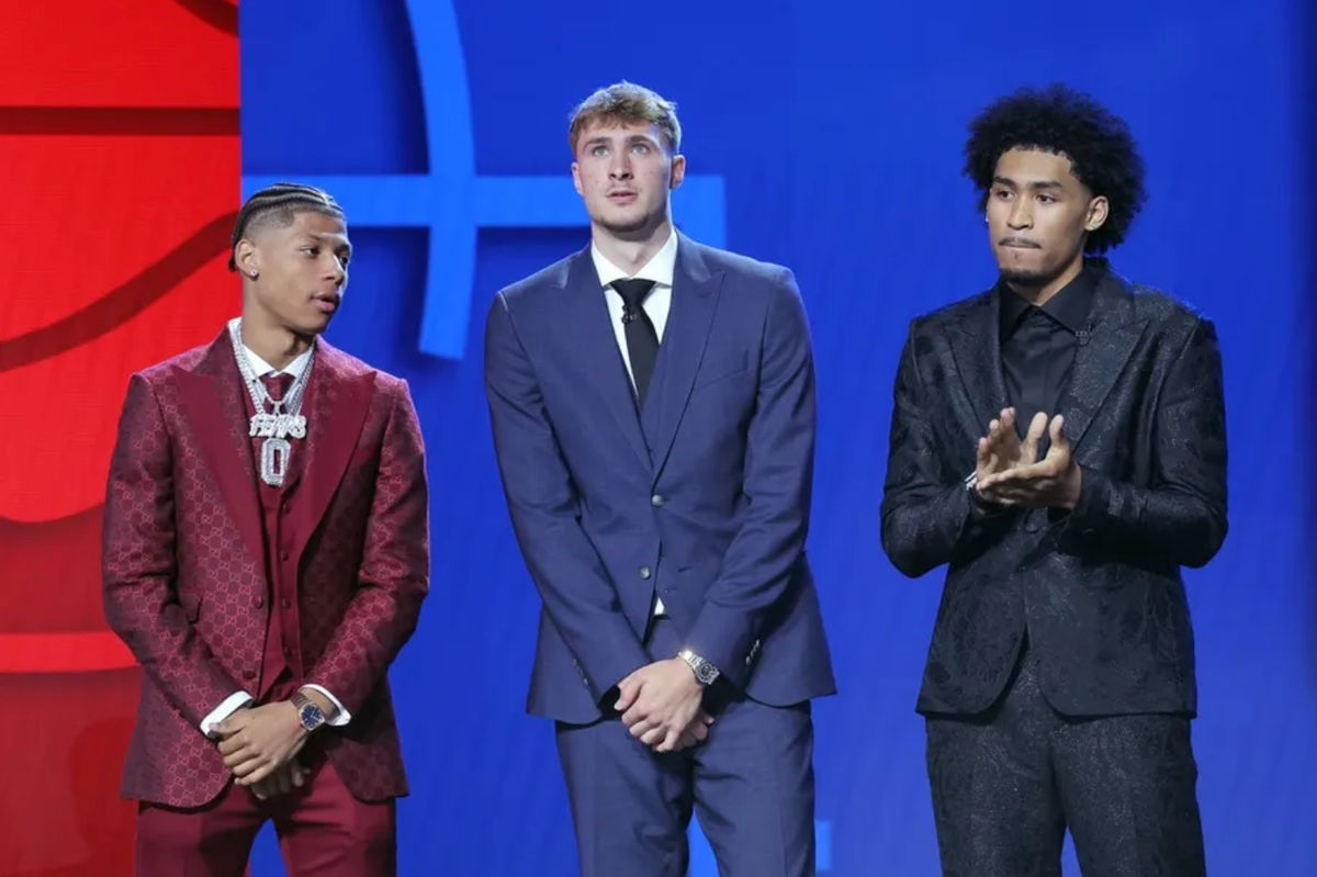 Jun 25, 2025; Brooklyn, NY, USA; Jeremiah Fears, Cooper Flagg, and Dylan Harper stand on stage before the 2025 NBA Draft at Barclays Center. Mandatory Credit: Brad Penner-Imagn Images