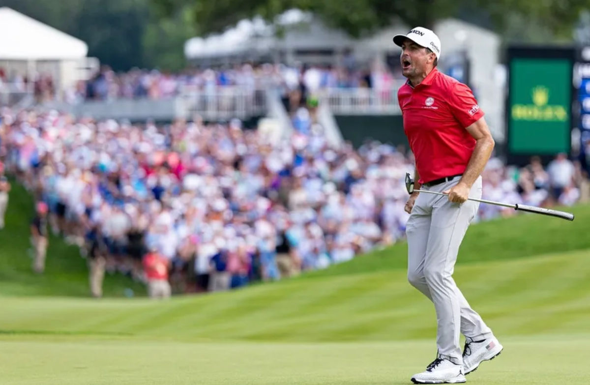 22 de junio de 2025; Cromwell, Connecticut, EE. UU.; Keegan Bradley reacciona tras un putt para birdie en el hoyo 18 para ganar el torneo de golf Travelers Championship. Crédito obligatorio: Bill Streicher-Imagn Images