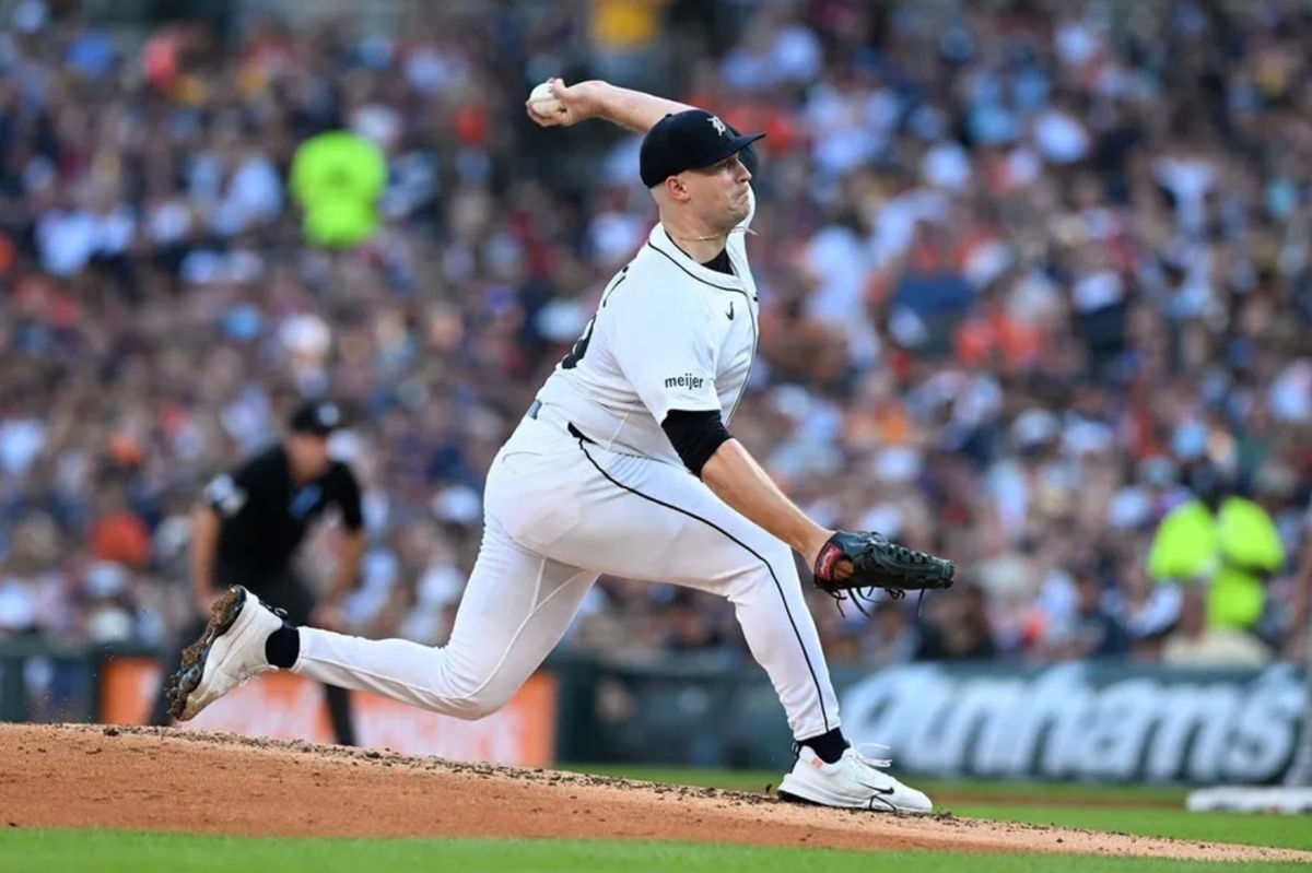 29 de junio de 2025; Detroit, Michigan, EE. UU.; El lanzador abridor de los Tigres de Detroit, Tarik Skubal (29), lanza contra los Mellizos de Minnesota en la tercera entrada en el Comerica Park. Crédito obligatorio: Lon Horwedel-Imagn Images