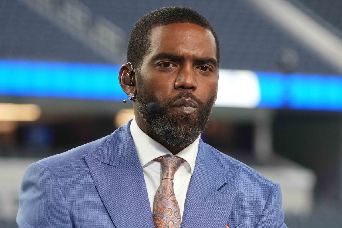 Jan 17, 2022; Inglewood, California, USA; Randy Moss on the ESPN Monday Night Countdown set before a NFC Wild Card playoff football game between the Los Angeles Rams and the Arizona Cardinals at SoFi Stadium. Mandatory Credit: Kirby Lee-Imagn Images