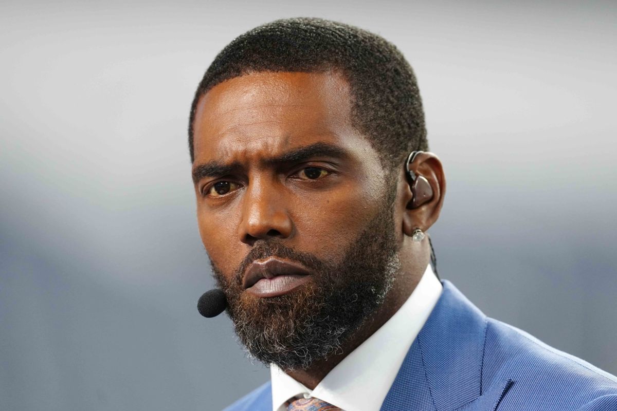 Jan 17, 2022; Inglewood, California, USA; Randy Moss on the ESPN Monday Night Countdown set before a NFC Wild Card playoff football game between the Los Angeles Rams and the Arizona Cardinals at SoFi Stadium. Mandatory Credit: Kirby Lee-Imagn Images