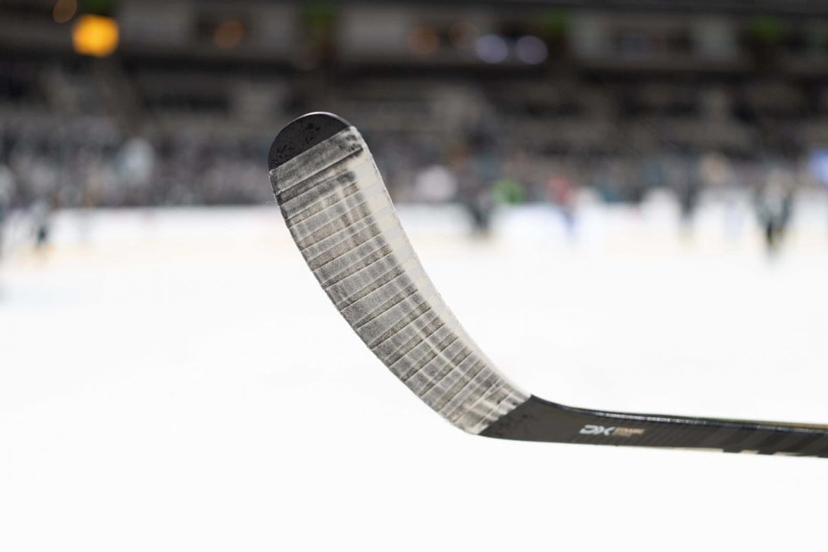 Jan 13, 2022; San Jose, California, USA;  General view of a hockey stick before the start of the first period between the San Jose Sharks and the New York Rangers at SAP Center at San Jose. Mandatory Credit: Stan Szeto-Imagn Images