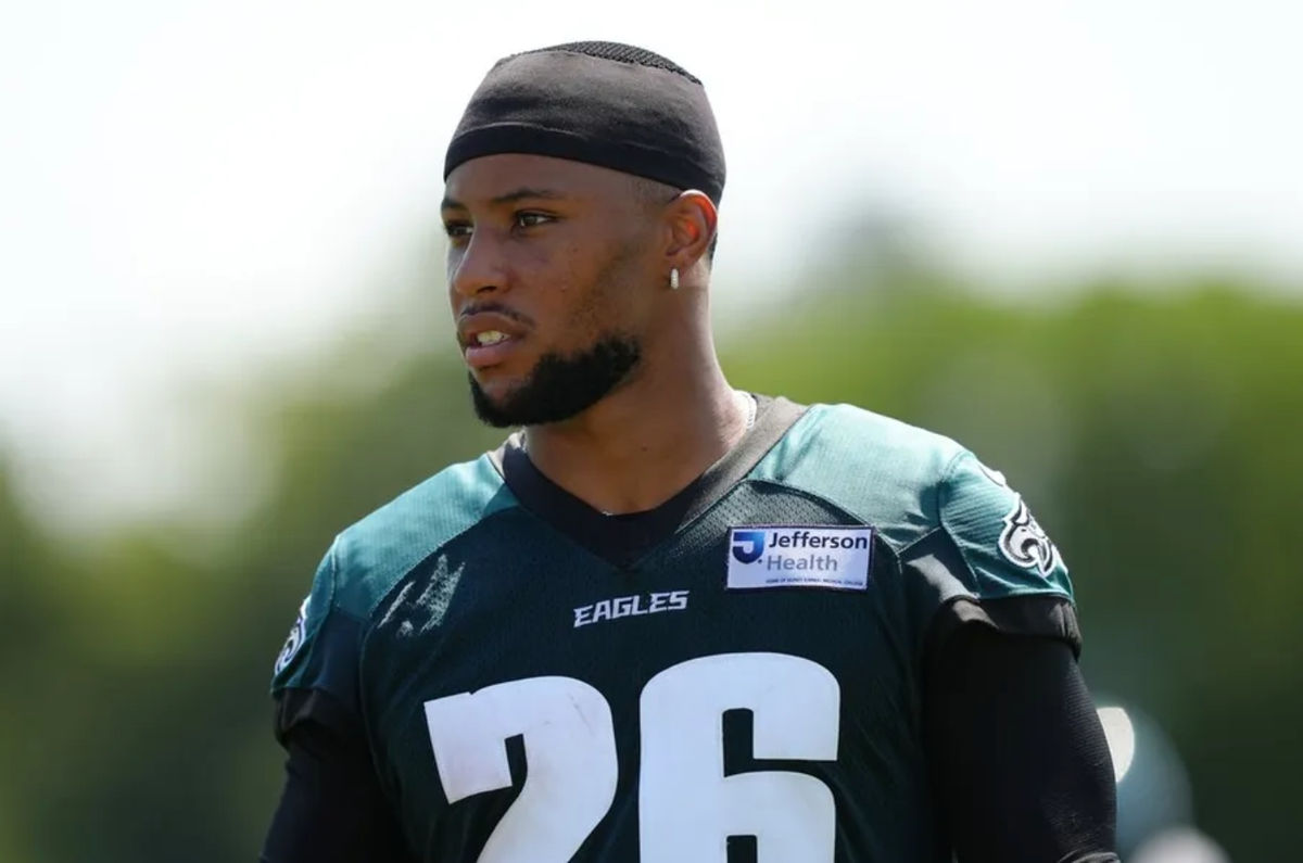 Jul 24, 2025; Philadelphia, PA, USA; Philadelphia Eagles running back Saquon Barkley (26) looks on during training camp at NovaCare Complex. Mandatory Credit: Kyle Ross-Imagn Images