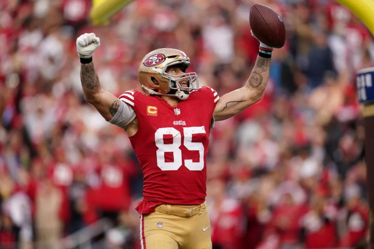 San Francisco 49ers tight end George Kittle (85) celebrates after scoring a touchdown against the Seattle Seahawks in the fourth quarter at Levi's Stadium. Mandatory Credit: Cary Edmondson-Imagn Images