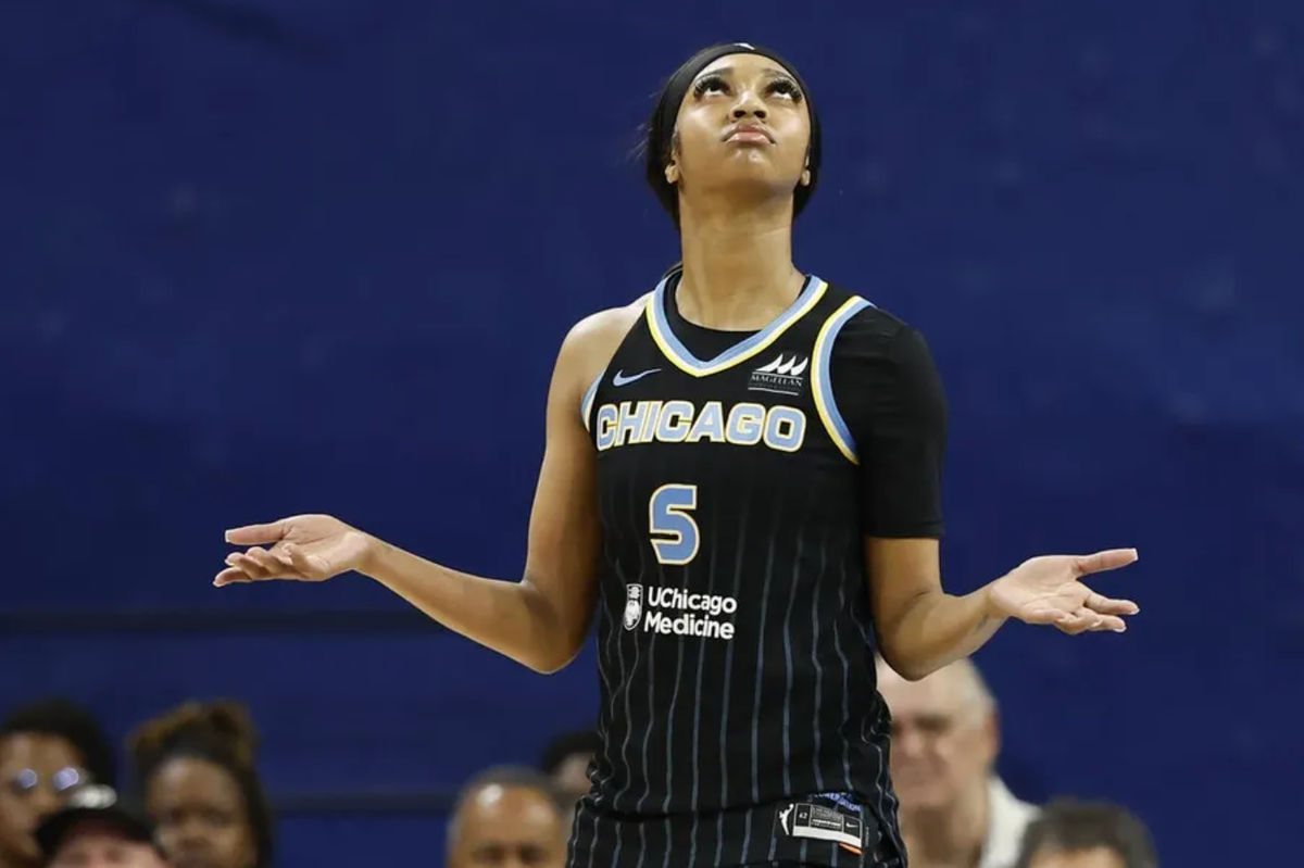 Jun 4, 2024; Chicago, Illinois, USA; Chicago Sky forward Angel Reese (5) reacts after being ejected from her team’s WNBA game against the New York Liberty during the second half at Wintrust Arena. Mandatory Credit: Kamil Krzaczynski-USA TODAY Sports