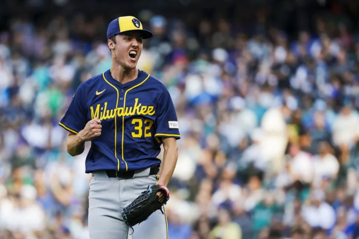 Jul 22, 2025; Seattle, Washington, USA; Milwaukee Brewers starting pitcher Jacob Misiorowski (32) reacts following a strikeout to end the second inning against the Seattle Mariners at T-Mobile Park. Mandatory Credit: Joe Nicholson-Imagn Images