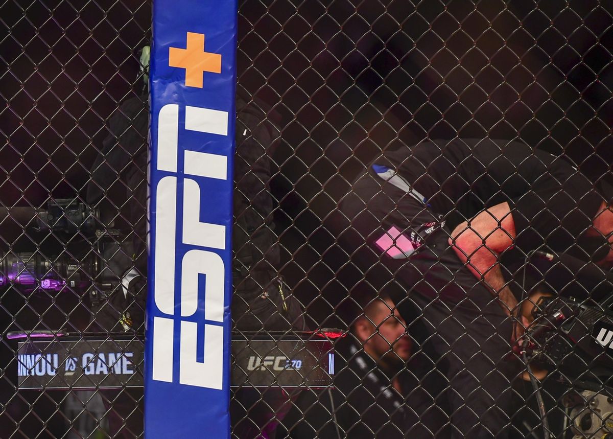 Jan 22, 2022; Anaheim, California, USA; A view of the ESPN logo before UFC 270 at Honda Center. Mandatory Credit: Gary A. Vasquez-Imagn Images