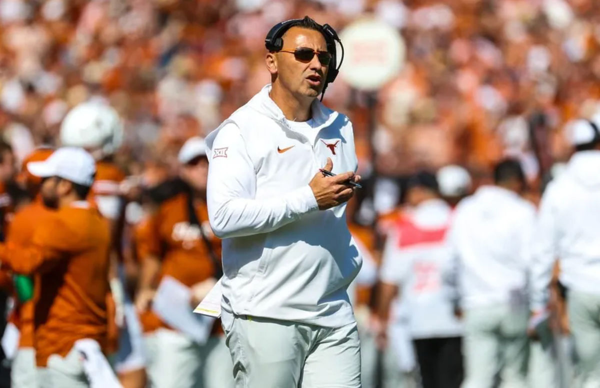 Oct 7, 2023; Dallas, Texas, USA; Texas Longhorns head coach Steve Sarkisian reacts during the first half against the Oklahoma Sooners at the Cotton Bowl. credits: Kevin Jairaj-USA TODAY Sports