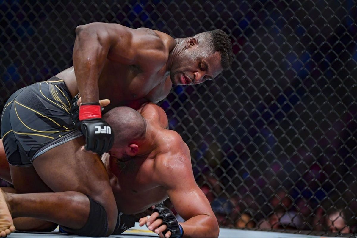 Jan 22, 2022; Anaheim, California, USA; Francis Ngannou (red gloves) competes against Ciryl Gane (blue gloves) during UFC 270 at Honda Center. Mandatory Credit: Gary A. Vasquez-Imagn Images