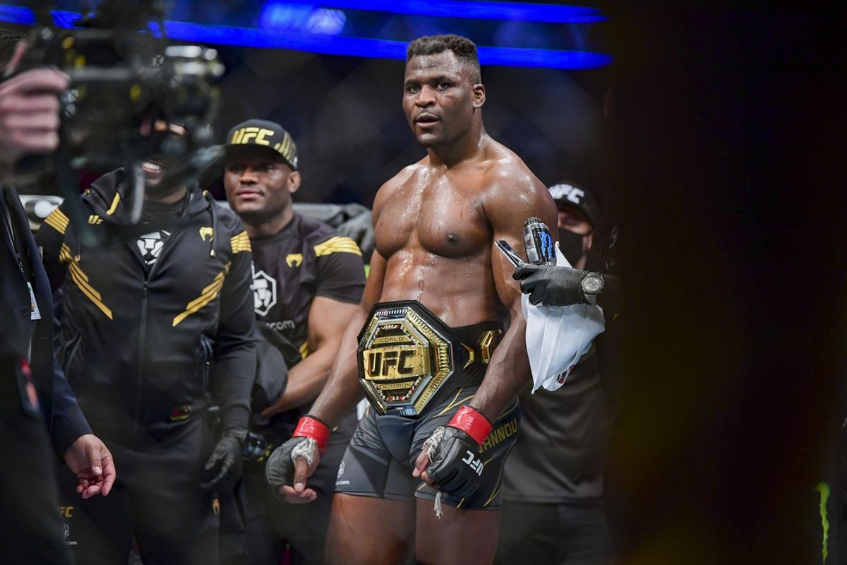 Jan 22, 2022; Anaheim, California, USA; Francis Ngannou celebrates the win against Ciryl Gane during UFC 270 at Honda Center. Mandatory Credit: Gary A. Vasquez-Imagn Images