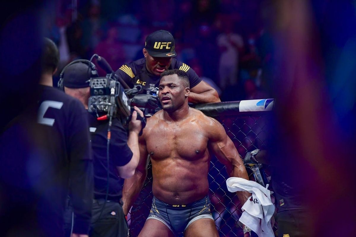 Jan 22, 2022; Anaheim, California, USA; Francis Ngannou celebrates the win against Ciryl Gane during UFC 270 at Honda Center. Mandatory Credit: Gary A. Vasquez-USA TODAY Sports
