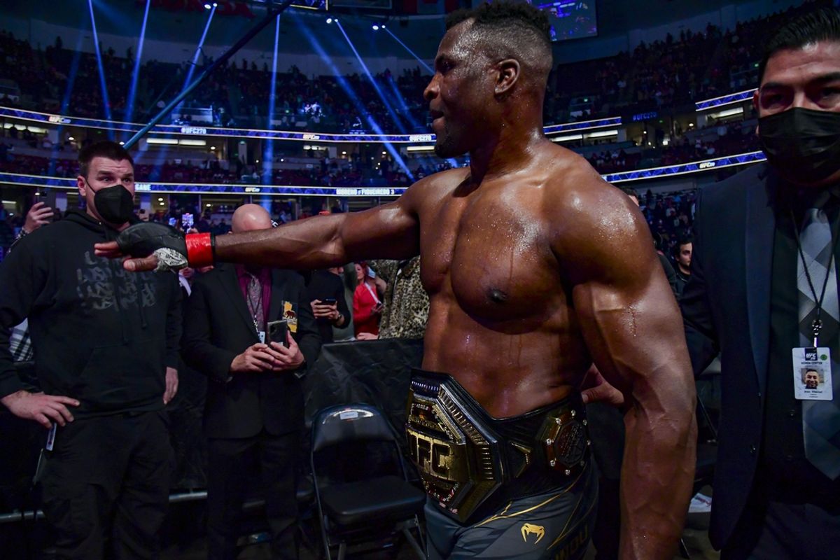 Jan 22, 2022; Anaheim, California, USA; Francis Ngannou leaves the octagon after the win against Ciryl Gane during UFC 270 at Honda Center. Mandatory Credit: Gary A. Vasquez-USA TODAY Sports