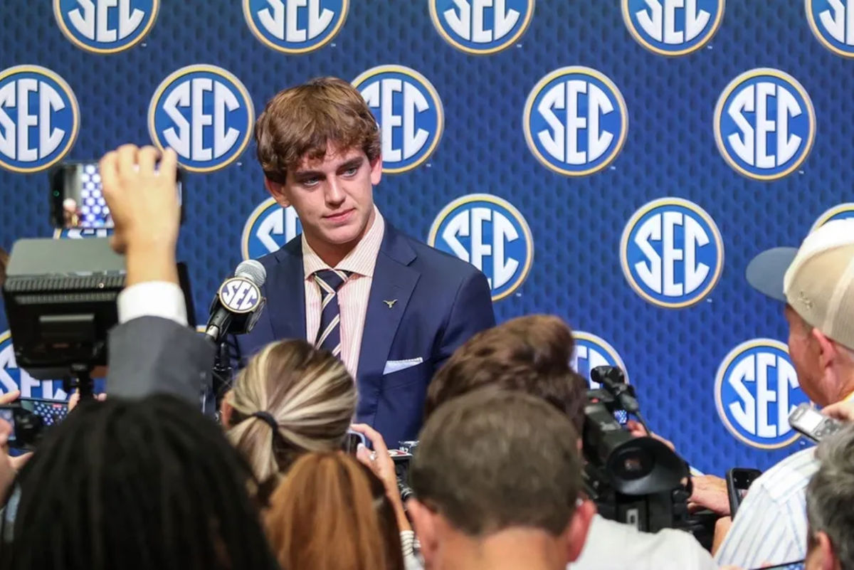 Jul 15, 2025; Atlanta, GA, USA; Texas Longhorns quarterback Arch Manning answers questions from the media during SEC Media Days at Omni Atlanta Hotel. Mandatory Credit: Jordan Godfree-Imagn Images