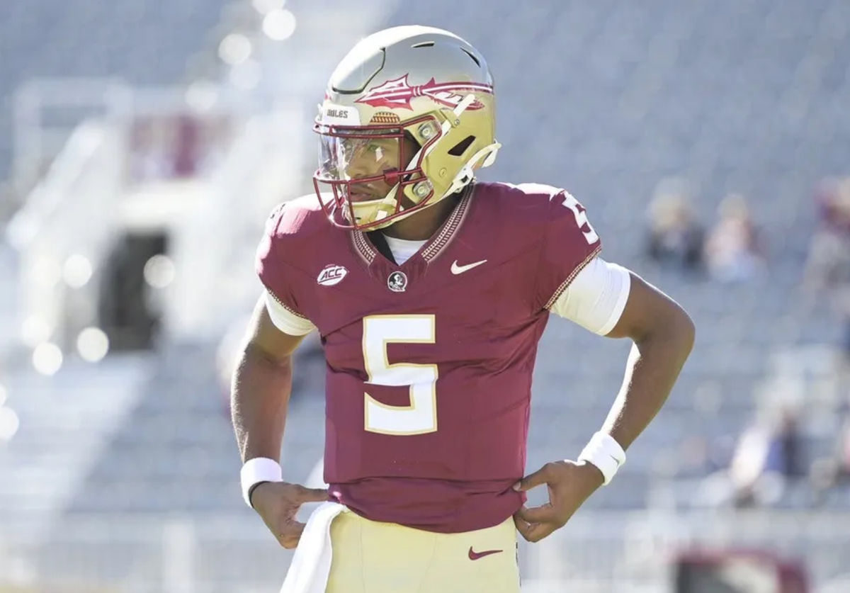 Nov 23, 2024; Tallahassee, Florida, USA; Florida State Seminoles quarterback Trever Jackson (5) warms up before the game against the Charleston Southern Buccaneers at Doak S. Campbell Stadium. Mandatory Credit: Melina Myers-Imagn Images