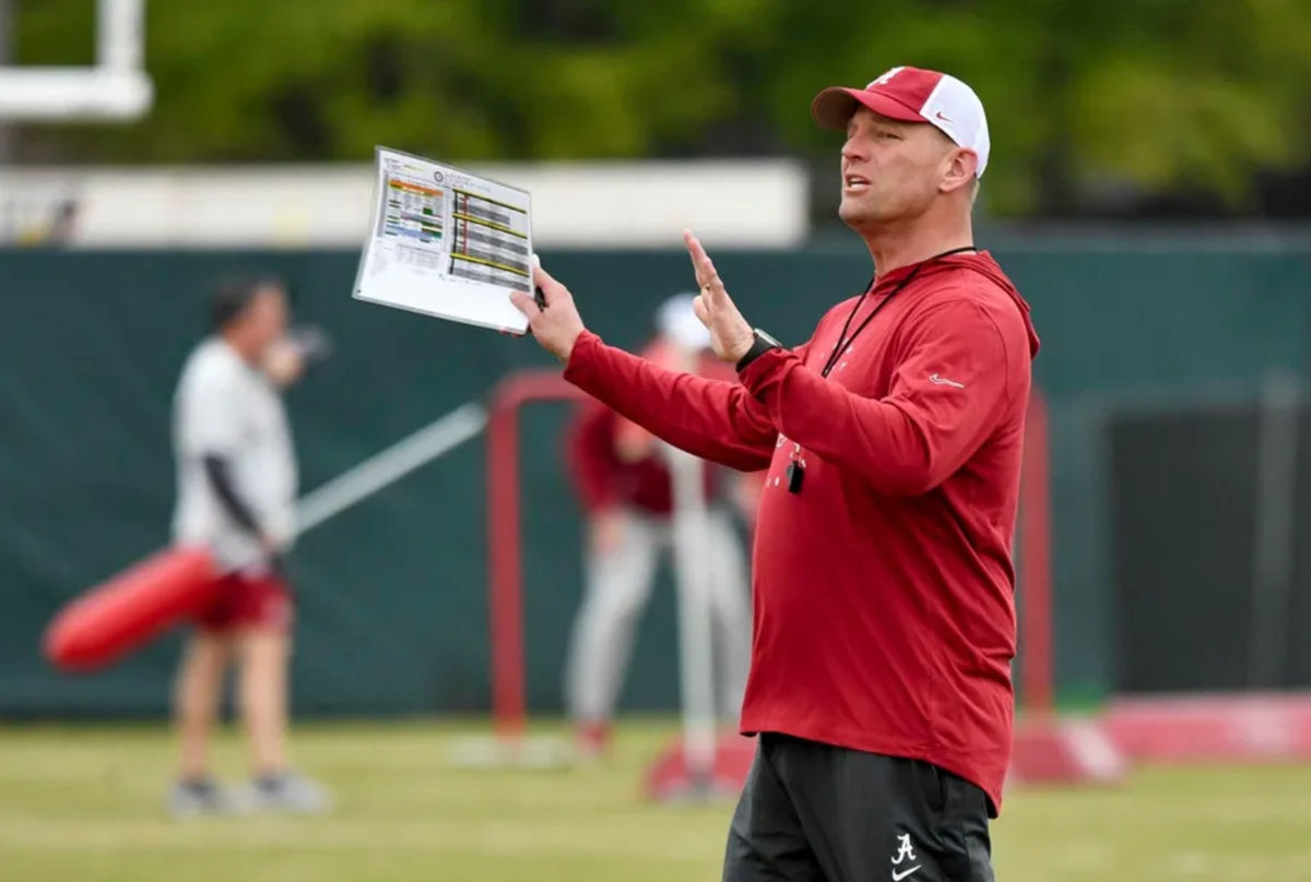 Mar 21, 2024; Tuscaloosa, Alabama, USA; Alabama head coach Kalen DeBoer gives directions during practice at the University Alabama Thursday. PHOTO USA TODAY SPORTS IMAGES