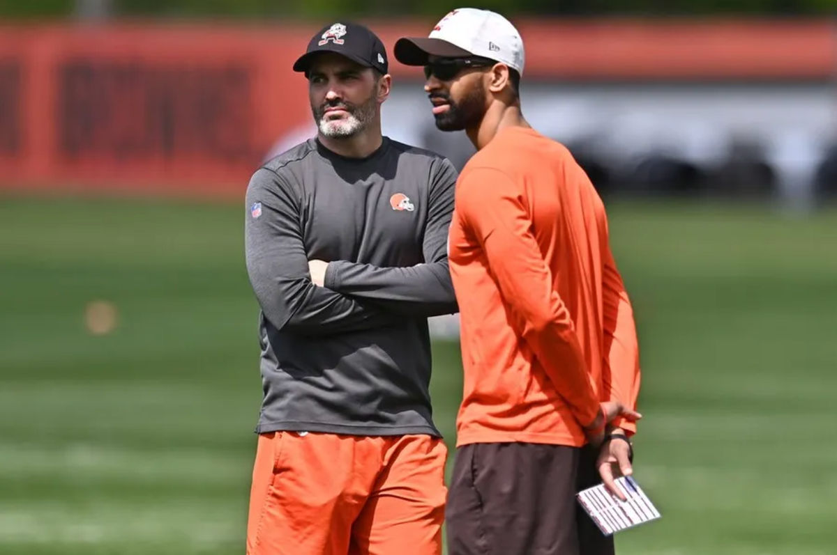 May 14, 2021; Berea, Ohio, USA; Cleveland Browns head coach Kevin Stefanski (left) watches camp with general manager Andrew Berry during rookie minicamp at the Cleveland Browns Training Facility. Mandatory Credit: Ken Blaze-USA TODAY Sports