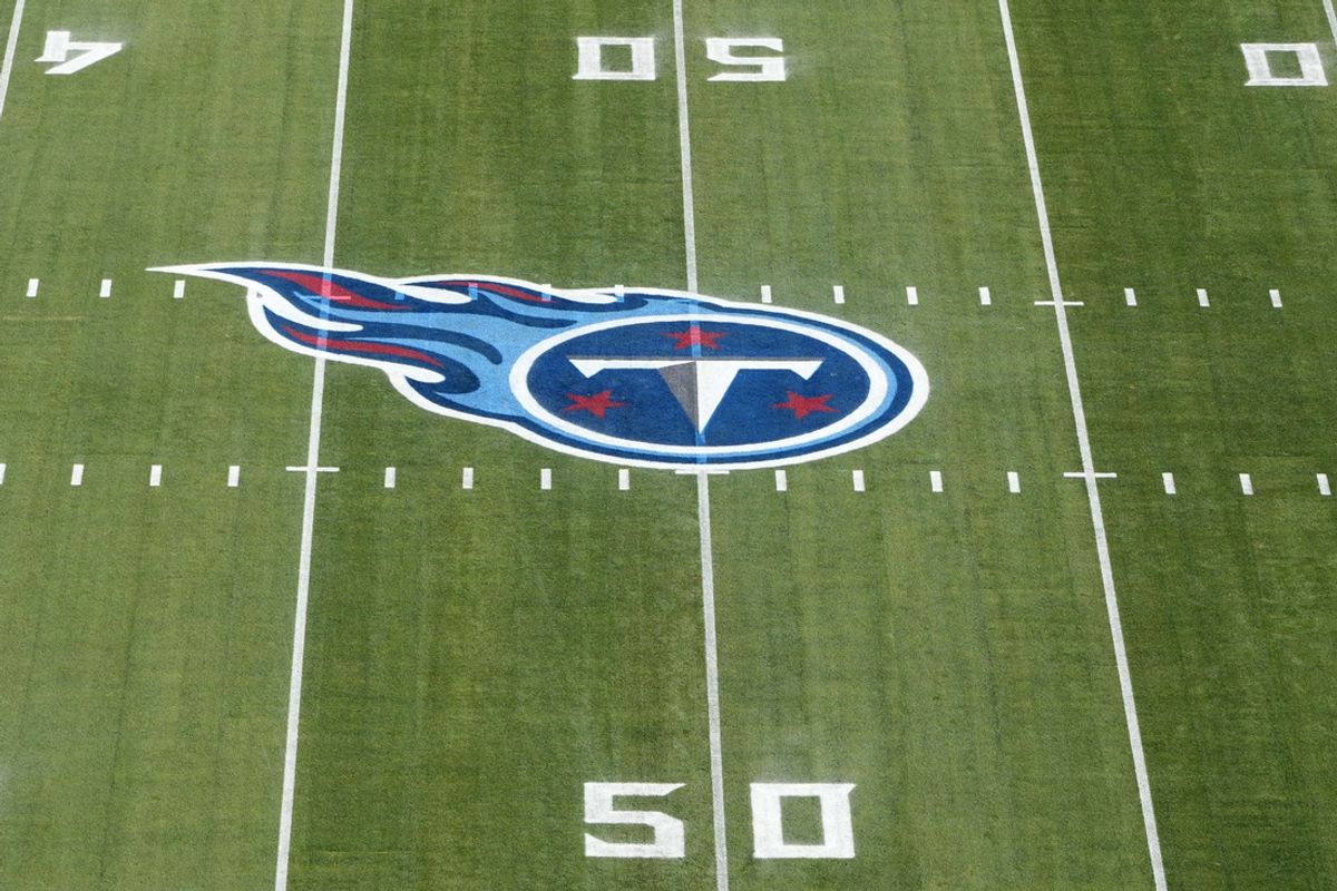 Jan 22, 2022; Nashville, Tennessee, USA; A detailed view of the Tennessee Titans logo at midfield during a AFC Divisional playoff football game at Nissan Stadium. Mandatory Credit: Kirby Lee-Imagn Images