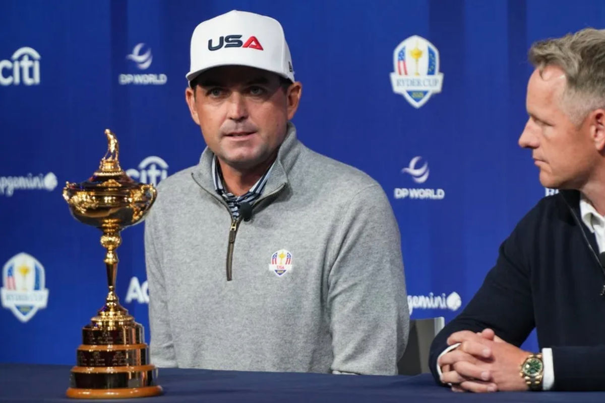 Oct 8, 2024; New York, New York, USA; US team captain Keegan Bradley, left, and Europe team captain Luke Donald speak at a press conference at Times Center. Mandatory Credit: Lucas Boland-Imagn Images