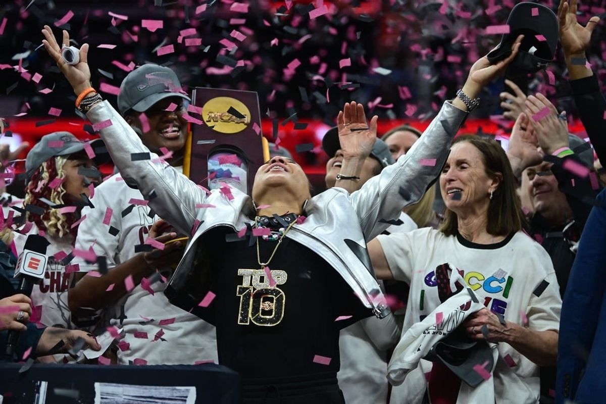 Apr 7, 2024; Cleveland, OH, USA; South Carolina Gamecocks head coach Dawn Staley reacts during the trophy presentation after defeating the Iowa Hawkeyes in the finals of the Final Four of the womens 2024 NCAA Tournament  at Rocket Mortgage FieldHouse.