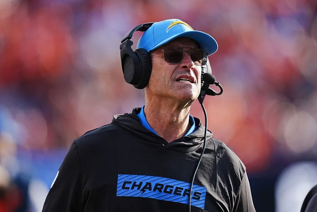 Oct 13, 2024; Denver, Colorado, USA; Los Angeles Chargers head coach Jim Harbaugh during the second half against the Denver Broncos at Empower Field at Mile High. Mandatory Credit: Ron Chenoy-Imagn Images
