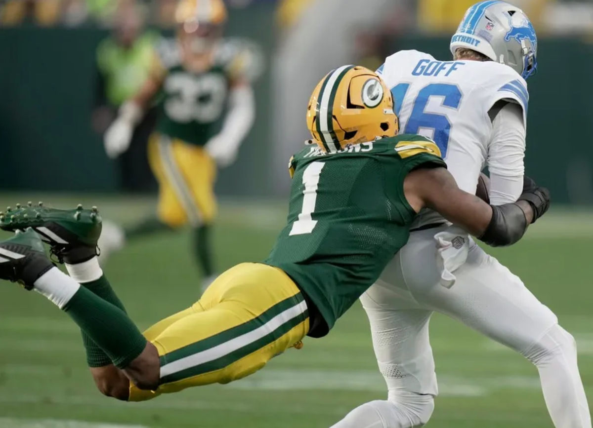 Green Bay Packers defensive end Micah Parsons (1) sacks Detroit Lions quarterback Jared Goff (16) during the fourth quarter of their game Sunday, September 7, 2025 at Lambeau Field in Green Bay, Wisconsin. The Green Bay Packers beat the Detroit Lions 27-13.