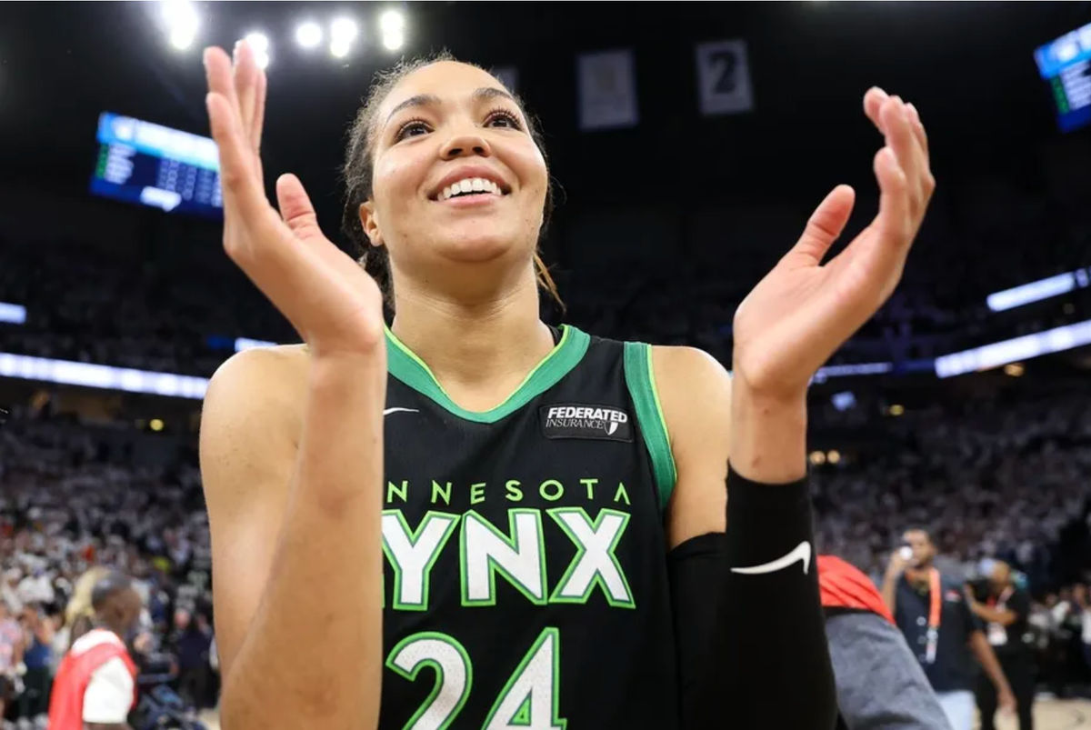 Oct 18, 2024; Minneapolis, Minnesota, USA; Minnesota Lynx forward Napheesa Collier (24) celebrates her teams win after game four of the 2024 WNBA Finals against the New York Liberty at Target Center. Mandatory Credit: Matt Krohn-Imagn Images