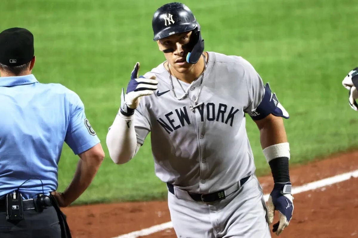 Sep 20, 2025; Baltimore, Maryland, USA; New York Yankees outfielder Aaron Judge (99) celebrates after hitting a home run during the third inning against the Baltimore Orioles at Oriole Park at Camden Yards. Mandatory Credit: Daniel Kucin Jr.-Imagn Images