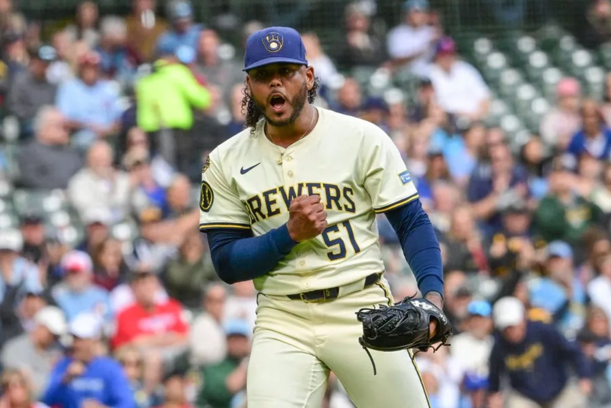 Sep 4, 2025; Milwaukee, Wisconsin, USA; Milwaukee Brewers starting pitcher Freddy Peralta (51) reacts after striking out Philadelphia Phillies third baseman Alec Bohm (not pictured) with the bases loaded in the fourth inning at American Family Field. Mandatory Credit: Benny Sieu-Imagn Images