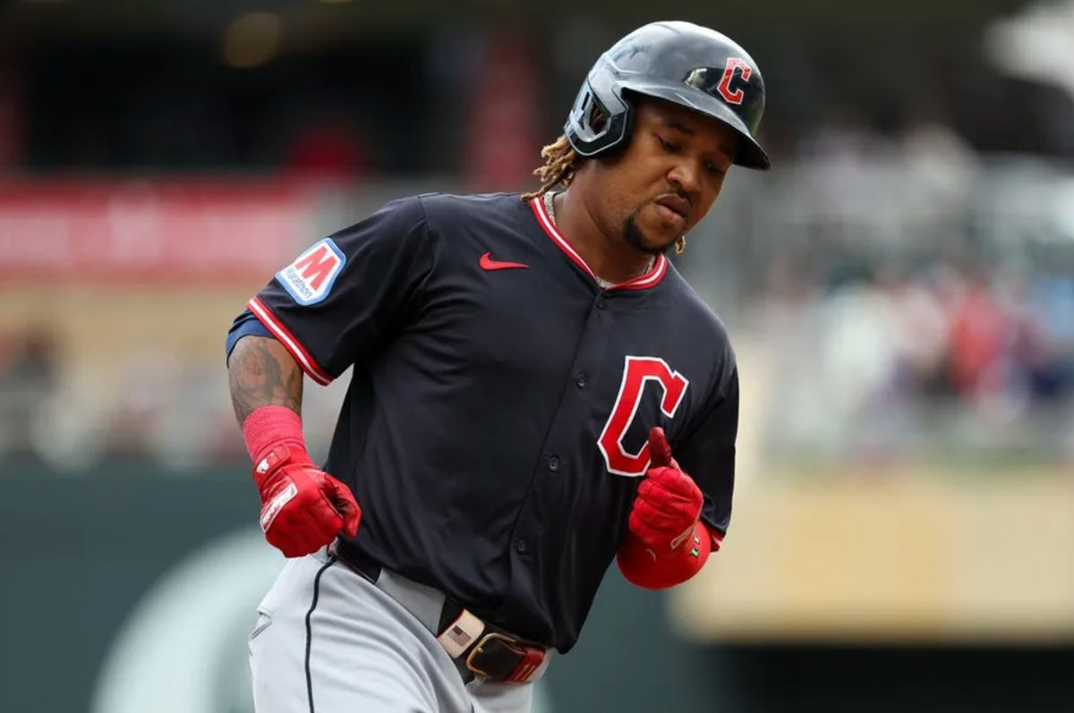 Sep 20, 2025; Minneapolis, Minnesota, USA; Cleveland Guardians designated hitter Jose Ramirez (11) runs the bases after hitting a solo home run against the Minnesota Twins during the first inning of game one of a double header at Target Field. Mandatory Credit: Matt Krohn-Imagn Images