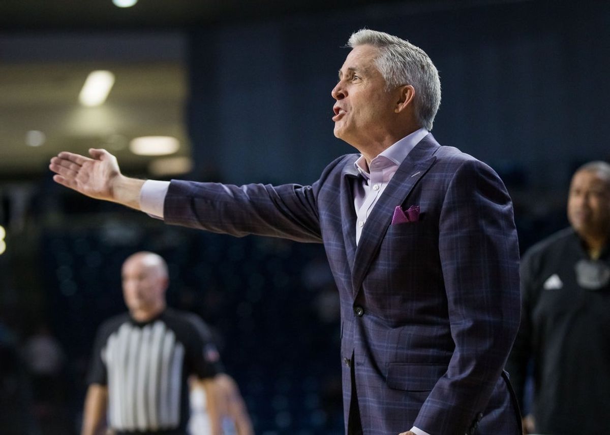 Jan 29, 2022; Tulsa, Oklahoma, USA;  South Florida Bulls head coach Brian Gregory reacts during the second half against the Tulsa Golden Hurricane at Reynolds Center. Tulsa won 76-45. Mandatory Credit: Brett Rojo-Imagn Images