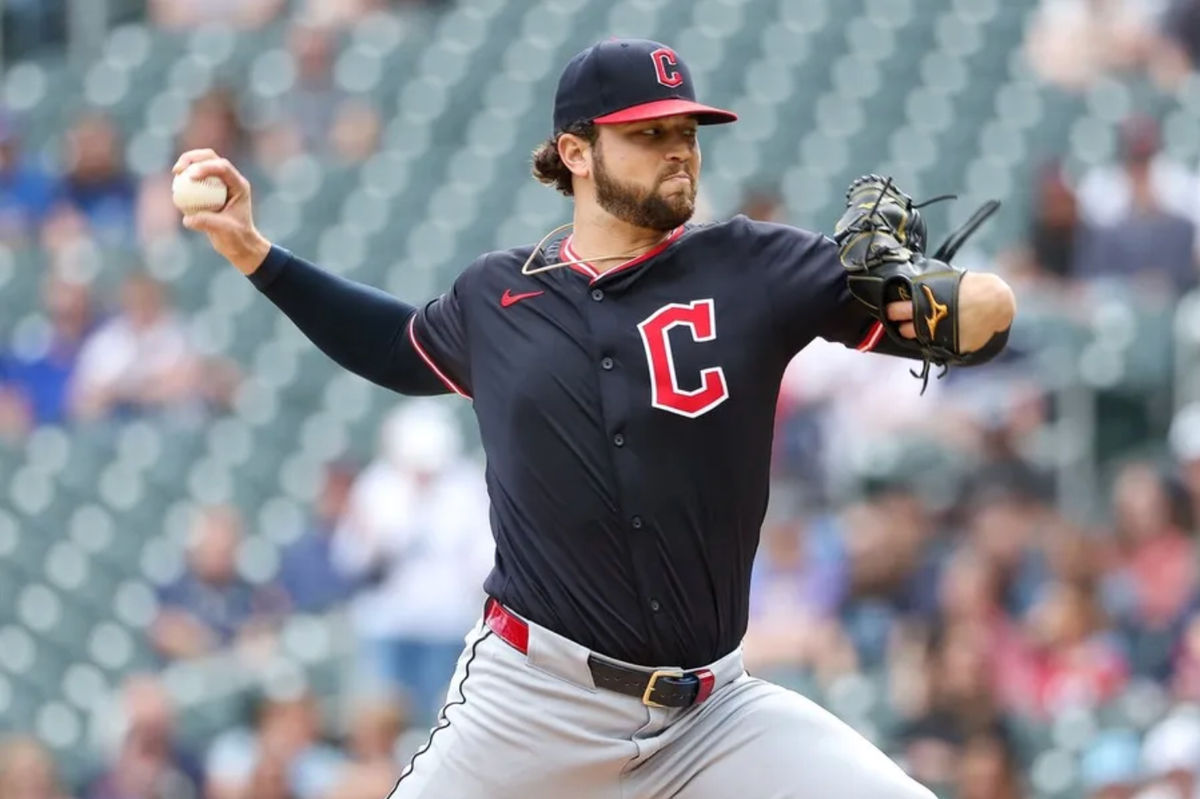 Sep 20, 2025; Minneapolis, Minnesota, USA; Cleveland Guardians starting pitcher Slade Cecconi (44) delivers a pitch against the Minnesota Twins during the first inning of game one of a double header at Target Field. Mandatory Credit: Matt Krohn-Imagn Images