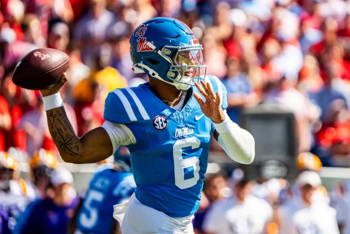 Ole Miss quarterback Trinidad Chambliss (6) passes the ball during a college football game between Ole Miss and LSU at Vaught-Hemingway Stadium in Oxford, Miss., on Saturday, Sept. 27, 2025. PHOTO USA TODAY SPORTS IMAGES