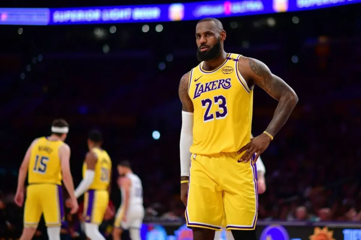 Apr 3, 2025; Los Angeles, California, USA; Los Angeles Lakers forward LeBron James (23) during the second half at Crypto.com Arena. Mandatory Credit: Gary A. Vasquez-Imagn Images