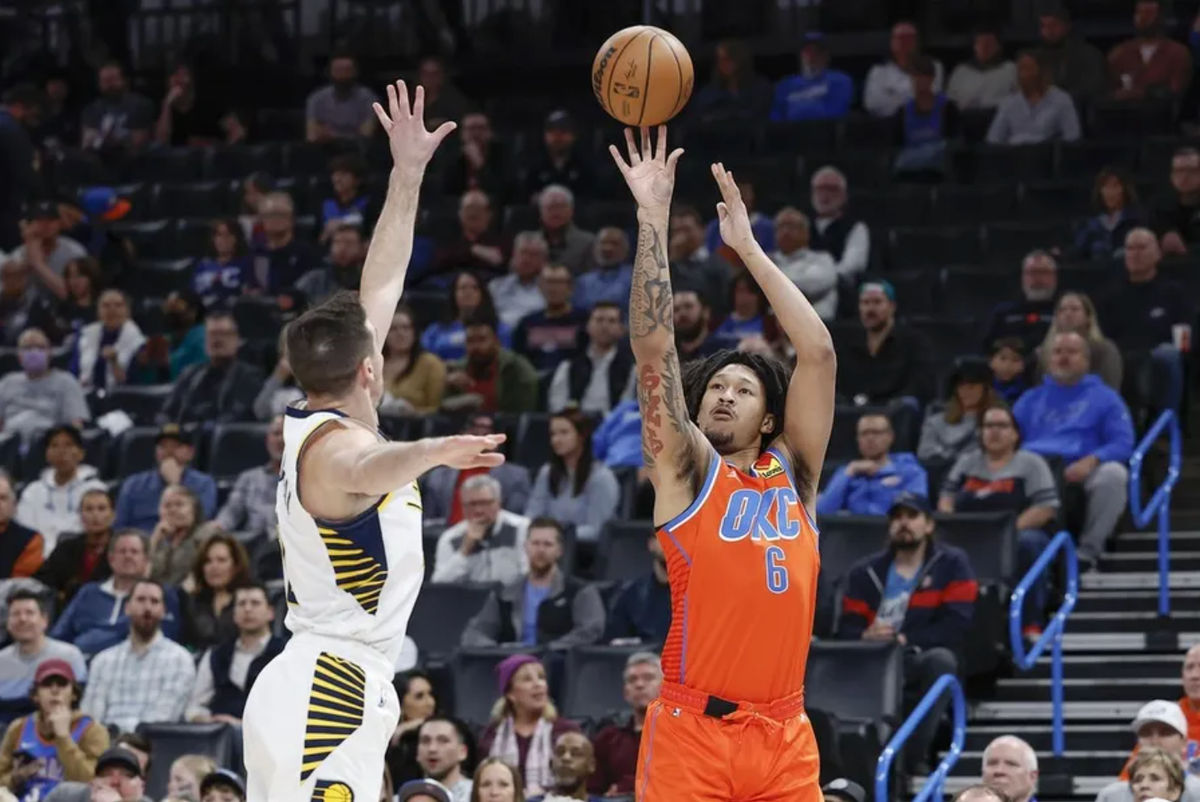 Jan 18, 2023; Oklahoma City, Oklahoma, USA; Oklahoma City Thunder forward Jaylin Williams (6) shoots against Indiana Pacers guard T.J. McConnell (9) during the first quarter at Paycom Center. Mandatory Credit: Alonzo Adams-Imagn Images