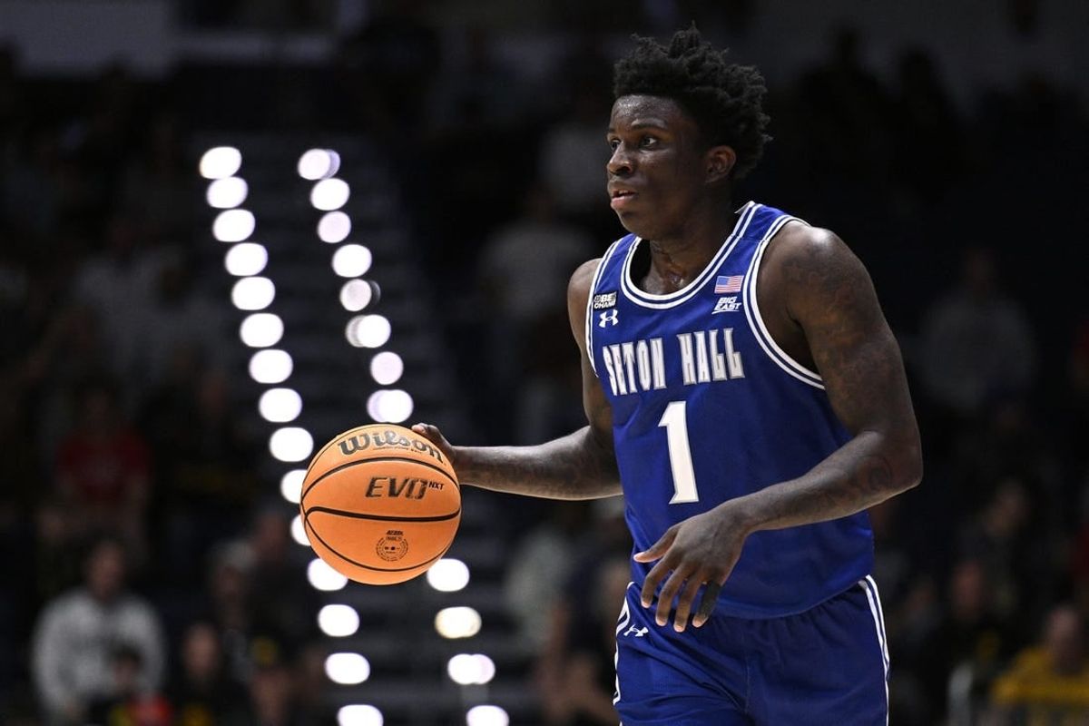 Nov 24, 2023; La Jolla, California, USA; Seton Hall Pirates guard Kadary Richmond (1) dribbles the ball during the second half against the Iowa Hawkeyes at LionTree Arena.