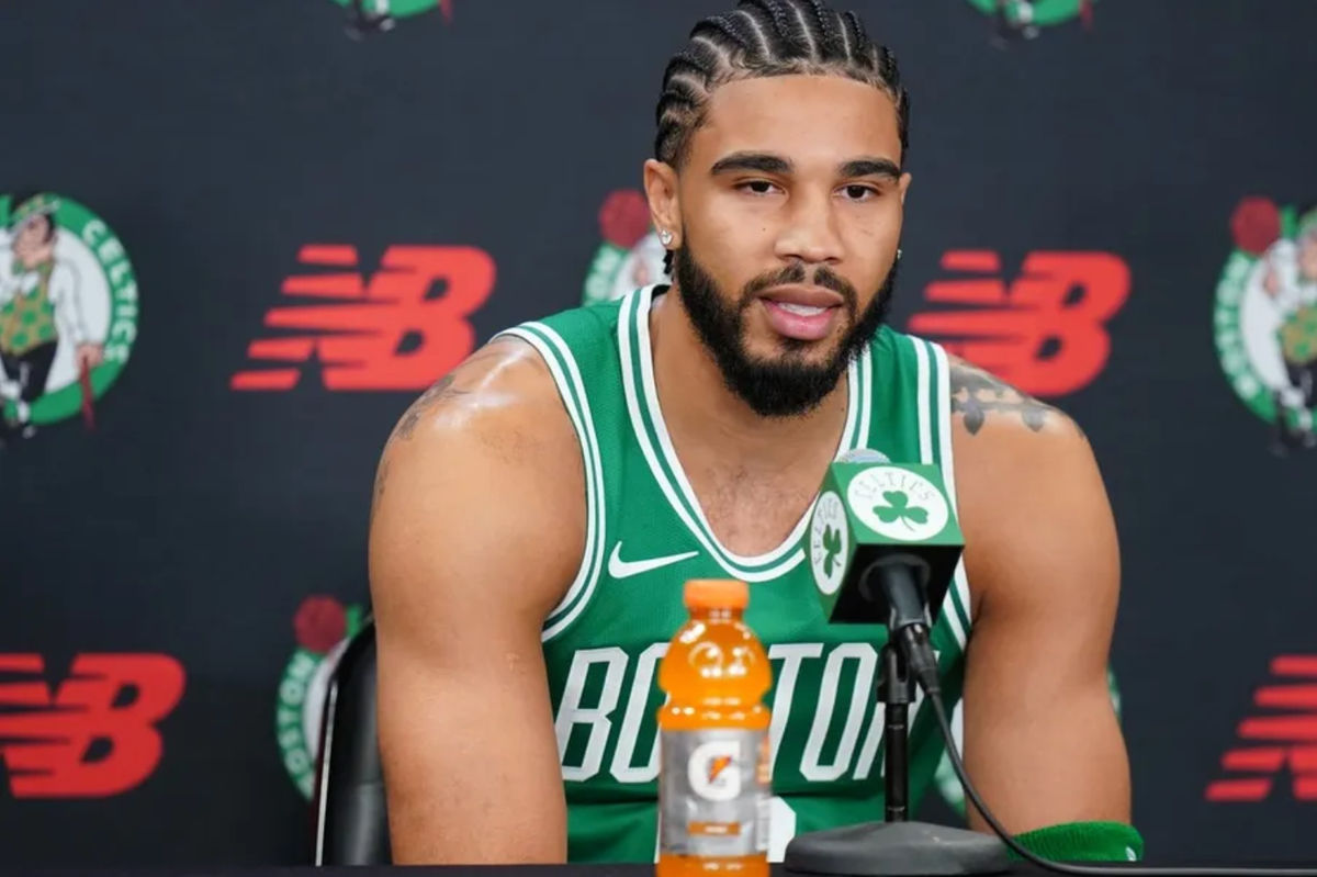 Sep 29, 2025; Boston, MA, USA;Boston Celtics forward Jayson Tatum (0) talks with reporters during media day at the Auerbach Center. Mandatory Credit: David Butler II-Imagn Images