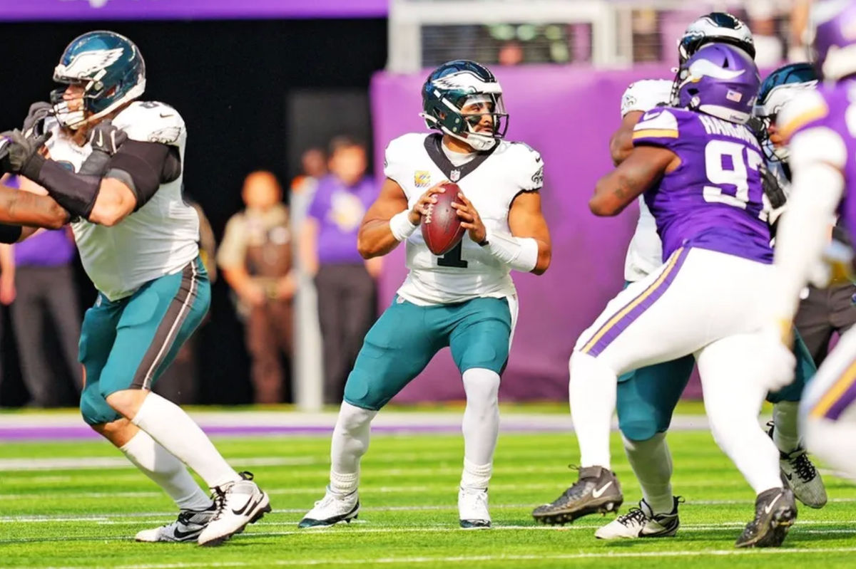 Oct 19, 2025; Minneapolis, Minnesota, USA; Philadelphia Eagles quarterback Jalen Hurts (1) drops back for a pass during the first half against the Minnesota Vikings at U.S. Bank Stadium. Mandatory Credit: Brad Rempel-Imagn Images